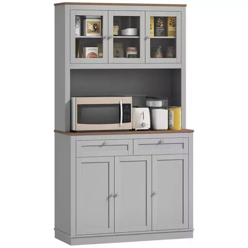 HOMCOM 71 Tall Kitchen Pantry Storage Cabinet with 2 Drawers, Microwave Cabinet with Adjustable Shelves and Glass Doors, Gray