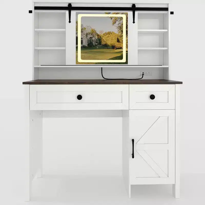 Garvee Vanity Desk with Mirror, Modern White Makeup Table with Drawers & Storage Stool, Spacious Dressing Table for Bedroom, Stylish Organizer