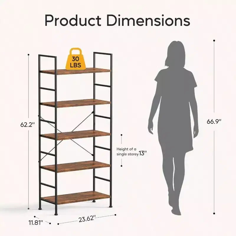 5 Tier Bookshelf Rustic Brown Standing Book Shelf Home Office Bookcase Storage Organizer Bedroom Living Room Bathroom