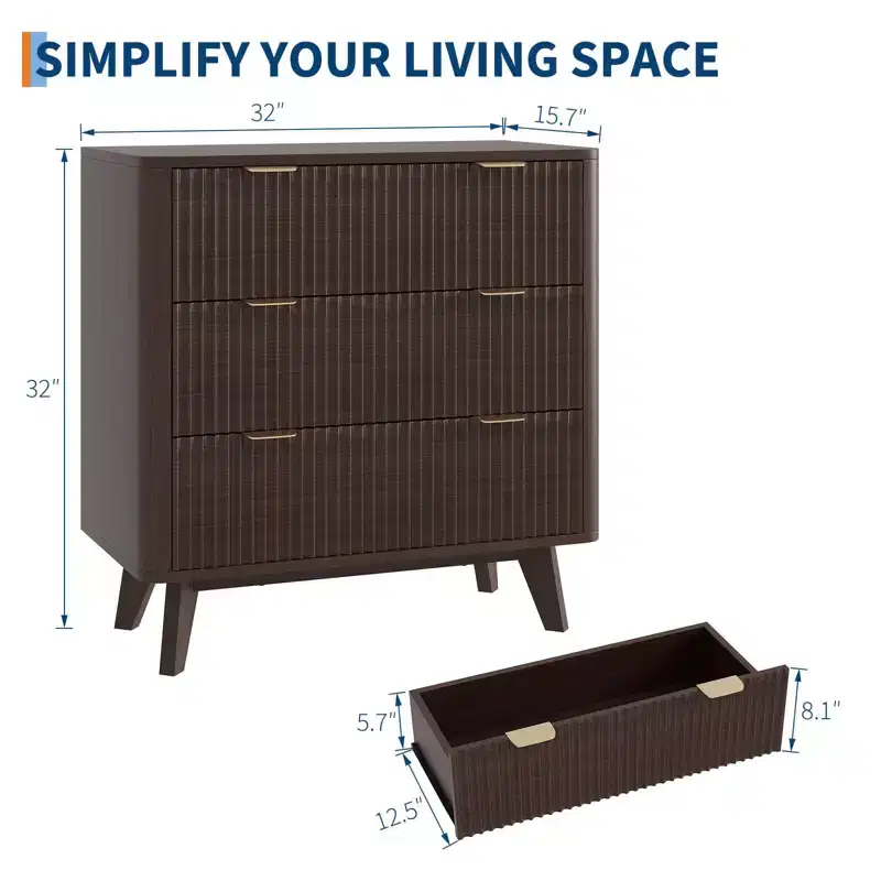 Fluted Nightstand with Faux Marble Top 鈥?32W x 15.7D x 32H, 3 Drawers