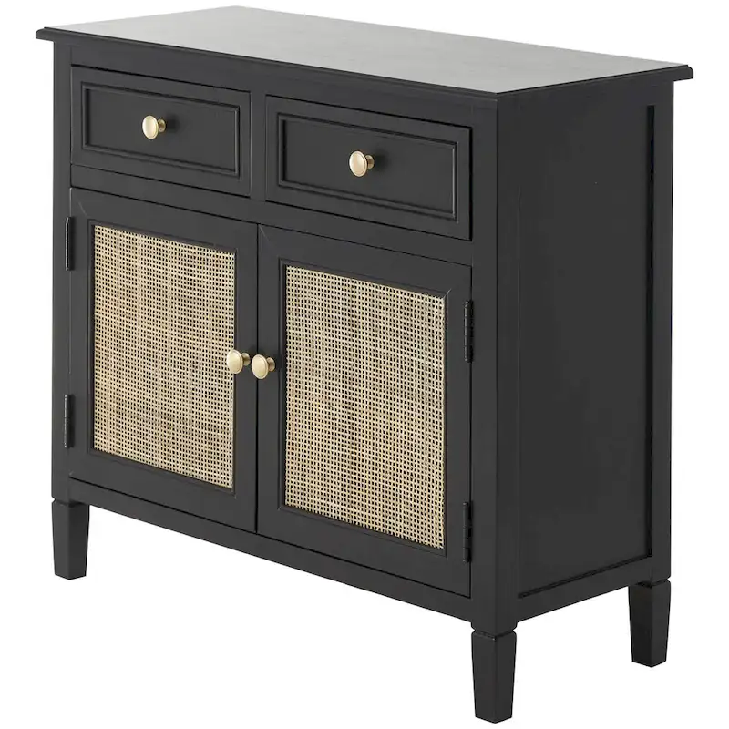 Wood 2 Drawers and 2 Door Room Cabinet with Rattan Front - Black