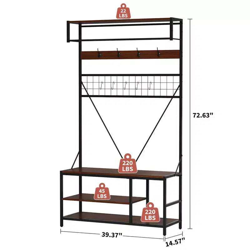 5-in-1 Entryway Hall Tree with Bench, Coat Rack, Adjustable Shoe Storage Shelf, Hanging Rod & 9 Hooks, for Hallway, Mudroom & Bedroom