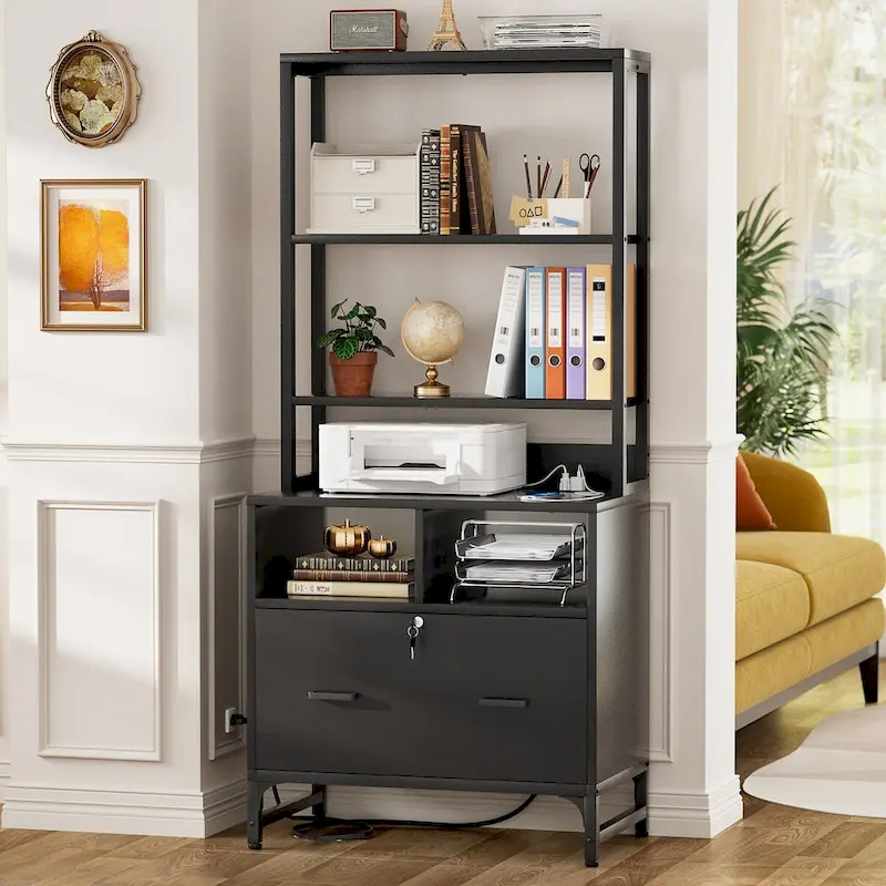 Tall File Cabinet with Locking Drawer, Open Shelves and Built-In USB Charging Station, Grey