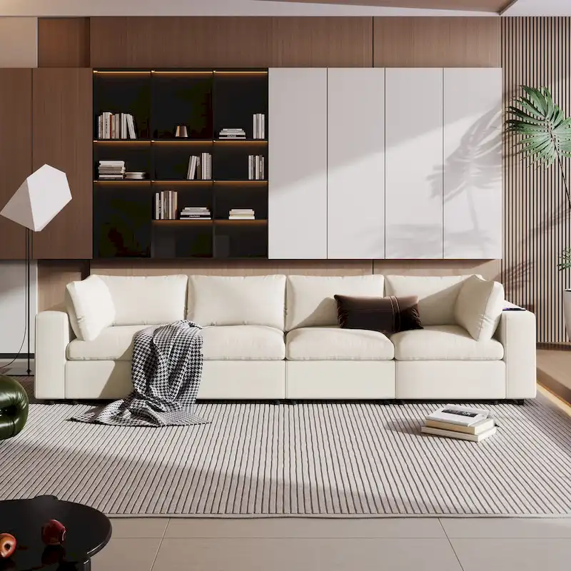 Beige Chenille Modular Sectional Sofa with USB, Bluetooth & Storage