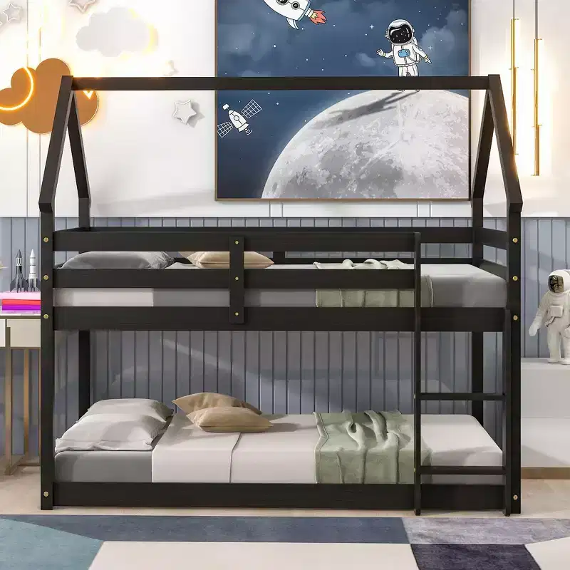 Twin over Twin Loft Bed with Roof Design, Safety Guardrail and Ladder-ModernLuxe