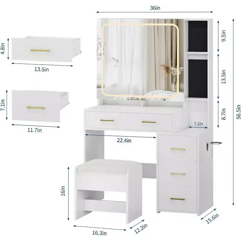 Makeup Vanity Set with Mirror and Lights, Vanity Desk with 5 Drawers, Stool & Power Outlet, 3-Color Lighting Modes with Adjustable Brightness