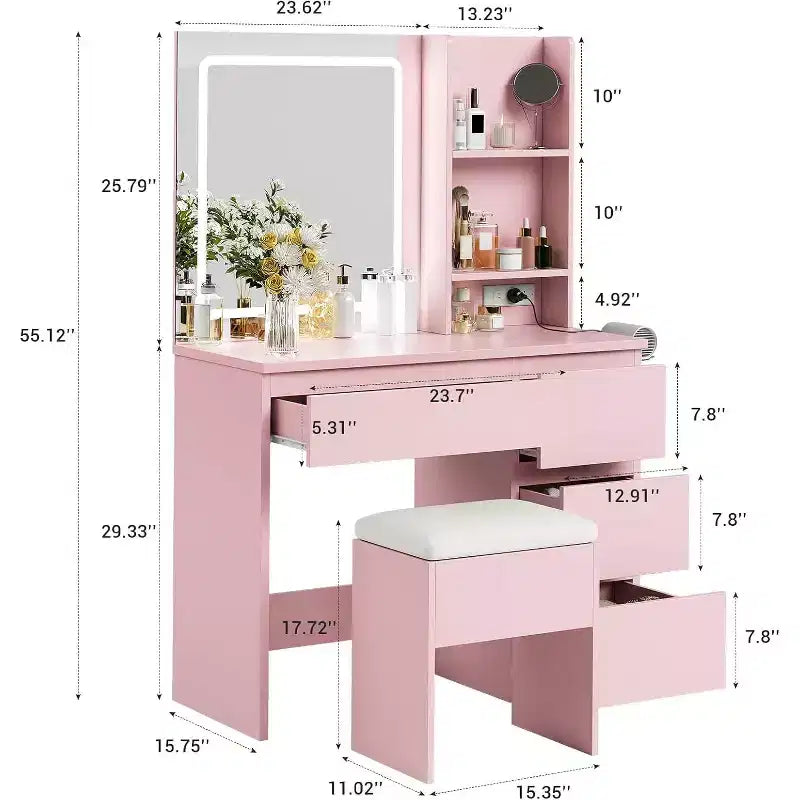 Vanity Desk with Mirror and 3 Lighting Mode LED Light, 4 Drawers, Power Outlet, Storage Stool, Hair Dryer Holder, Makeup Table for Bedroom, Pink