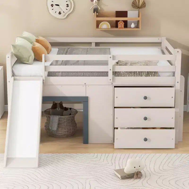 Full Size Low Loft Bed with Slide, Full Wood Loft Bed Frame with Storage Drawers and 2 Doors, Beige+Grey