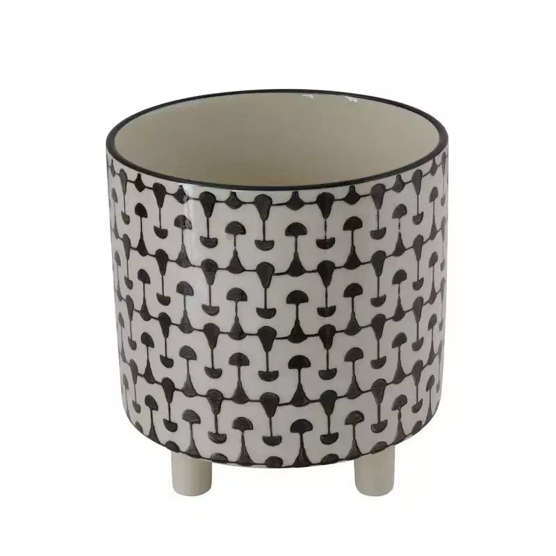 8" x 8" Round Stoneware Footed Planter Black/White - Storied Home: Glossy Scandinavian Tabletop Decor