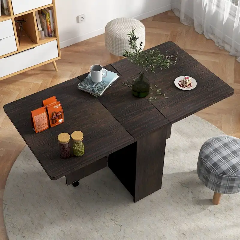 Folding Dining Table with Storage Rack and Wheels