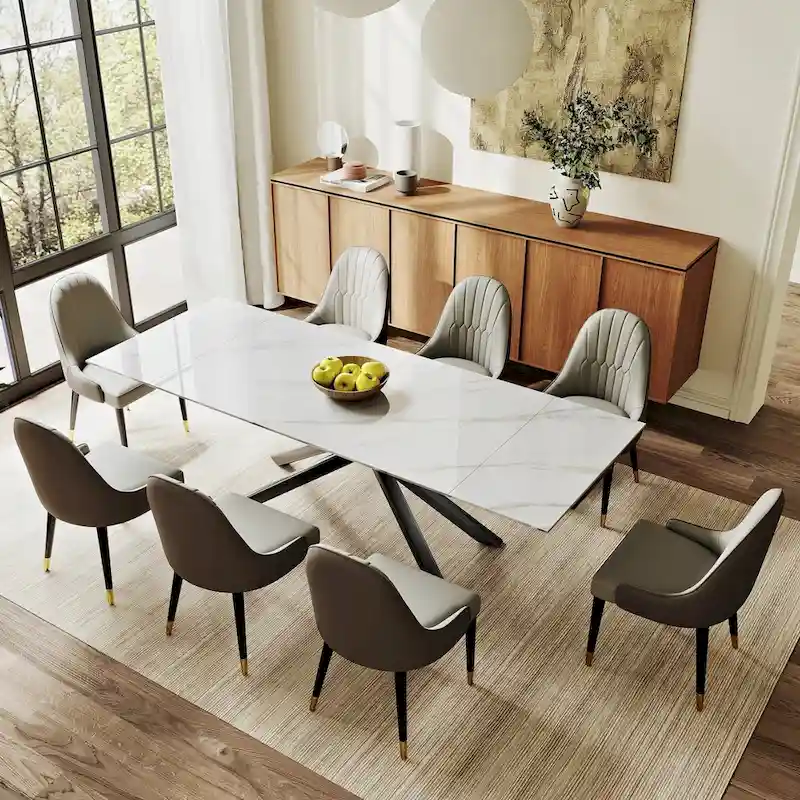 9 - Piece Extendable Rectangular Sintered Stone Cross Legs Dining Set With 8 Chairs