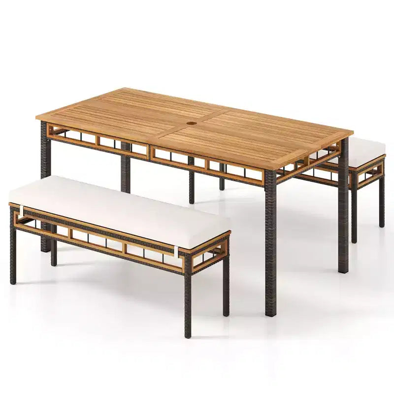 Costway 3 PCS Acacia Wood Patio Dining Set with 1.97 Umbrella Hole & Cushions for Garden Mix Brown