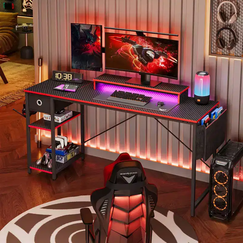 Bestier 61 Inch LED Gaming Desk with Monitor Stand & Shelves, Computer Desk with Drawers & Hooks, PC Gamer Work Station with Side Bags