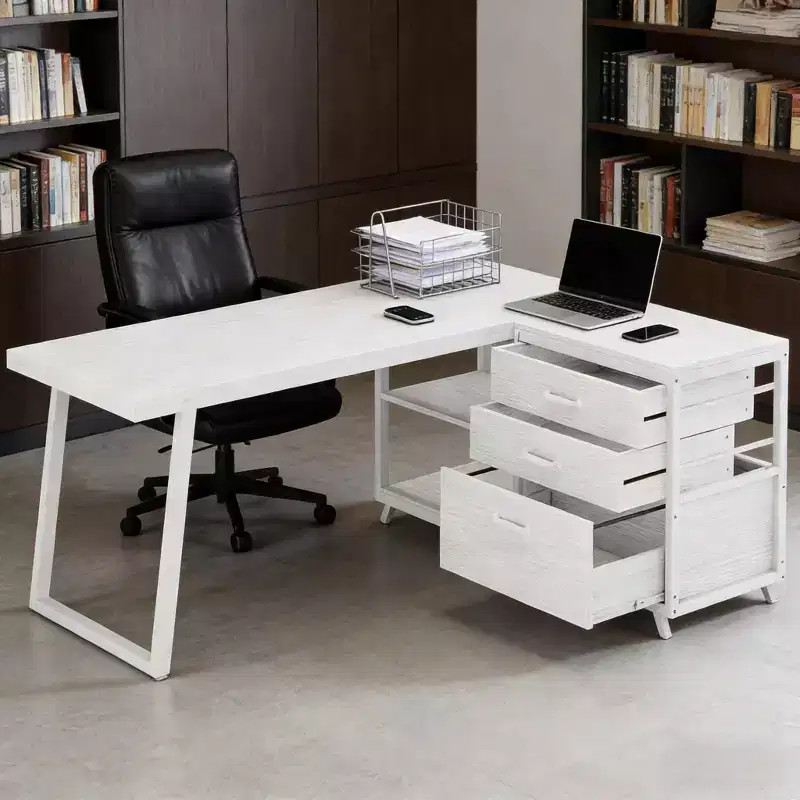 GDFStudio Thoreau Modern Versatile L-Shaped Working Desk with 3 Drawers