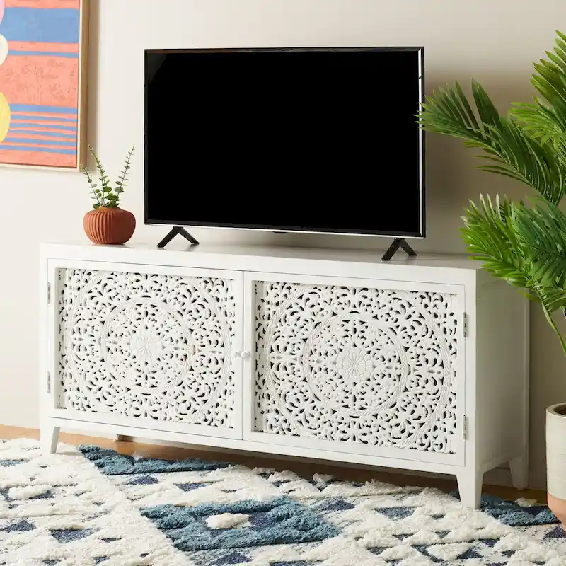 Mango Wood Media Stand with 2 Shelves and 2 Doors - 55W x 15D x 26H in.