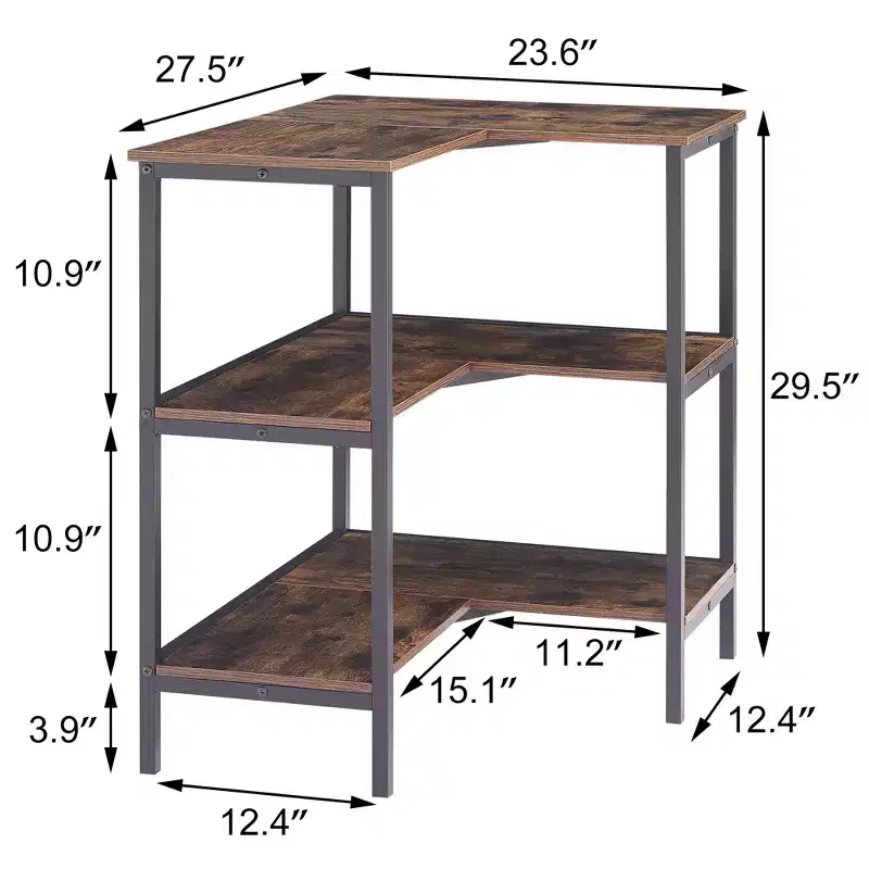 3-Tier Open Shelf Corner Cabinet Table, Multipurpose Display Organizer Storage Stand, Brown/Gray