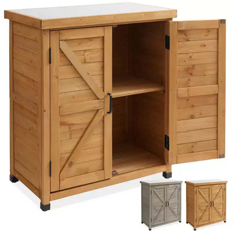 Casafield Outdoor Storage Cabinet and Potting Bench with Metal Tabletop and Storage Cabinet - Wooden Outdoor Garden Patio Workstation Table
