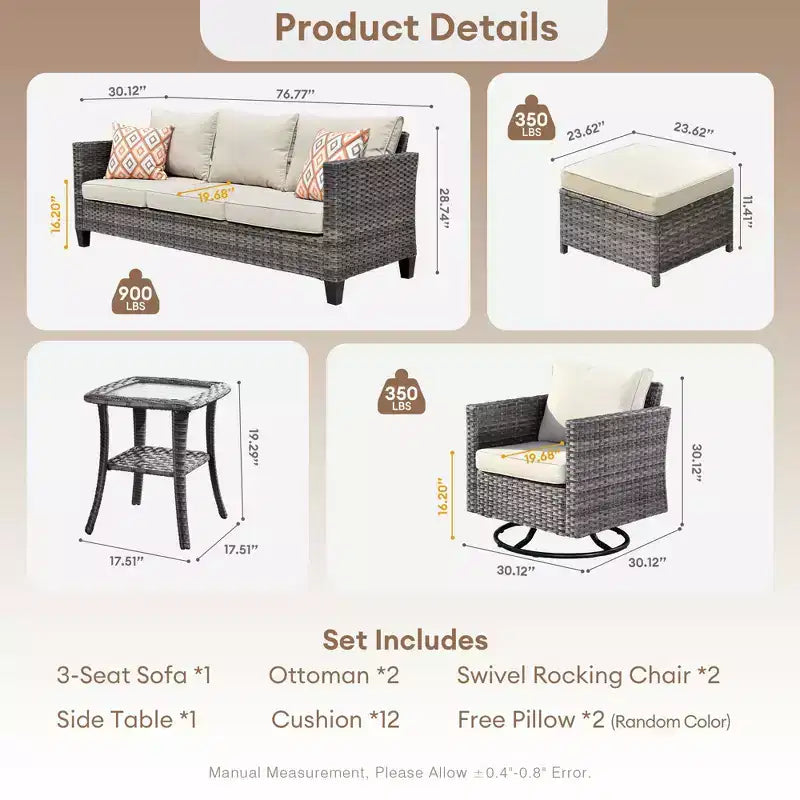 HOMLUX 6-Piece Patio Conversation Set w/ 3-Seater Sofa & Ottomans, Swivel Chairs Set
