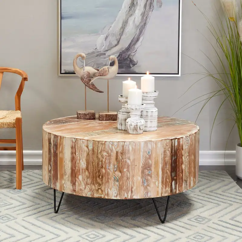 Mango Wood Handmade Distressed Coffee Table or Accent Table with Black Metal Hairpin Legs - Brown