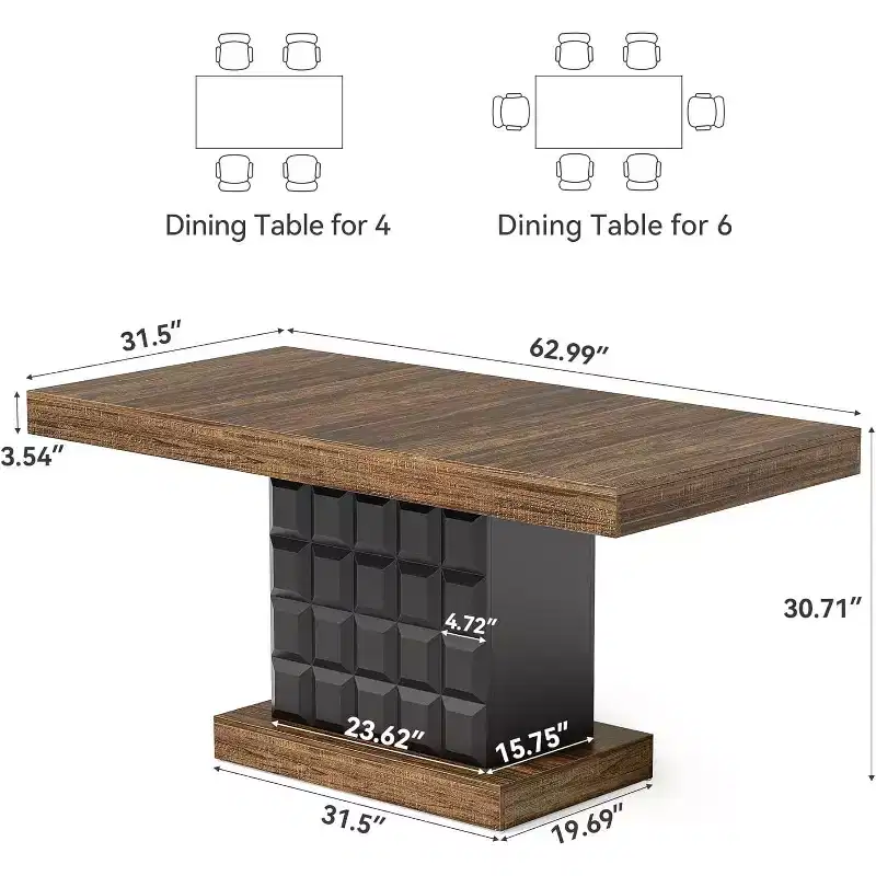 Lantine 63-Inch Modern Dining Table for 4-6, Rectangular Farmhouse Kitchen Table with Sturdy Wood Pedestal Base, Rustic Brown & Black