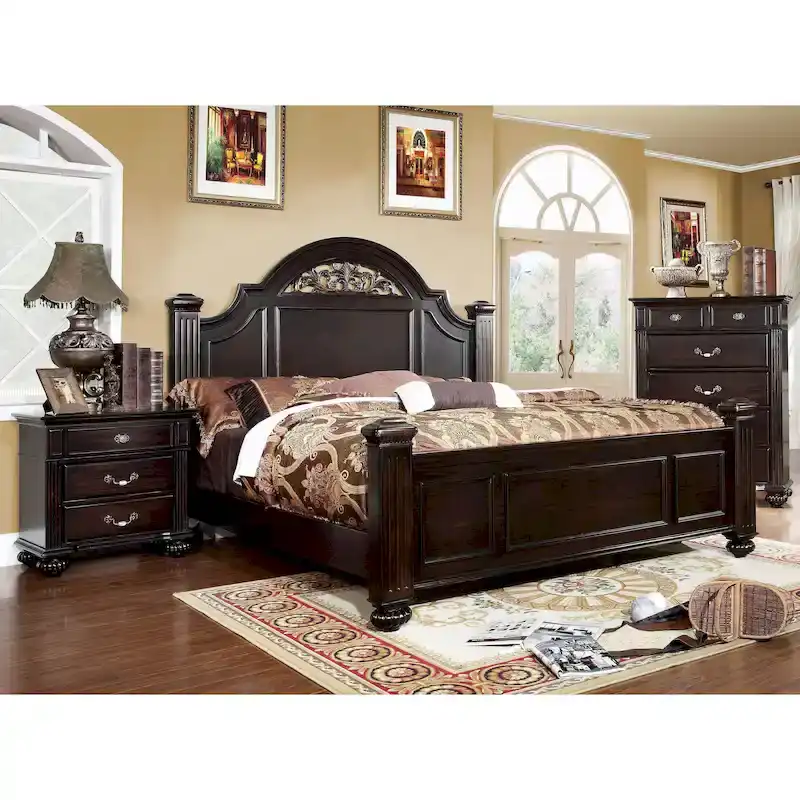 Vame Traditional Walnut Solid Wood 3-Piece Poster Bedroom Set by Furniture of America