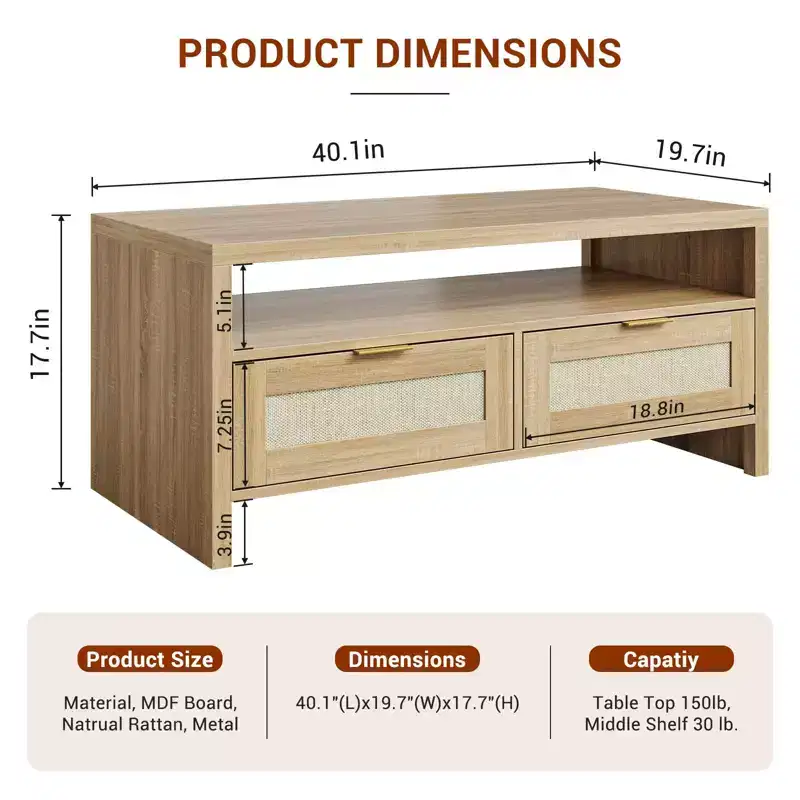 Oak 2-Tier Coffee Table C 102x50x45cm Mid Century Rattan Table with 2 Drawers for Living Room/Office