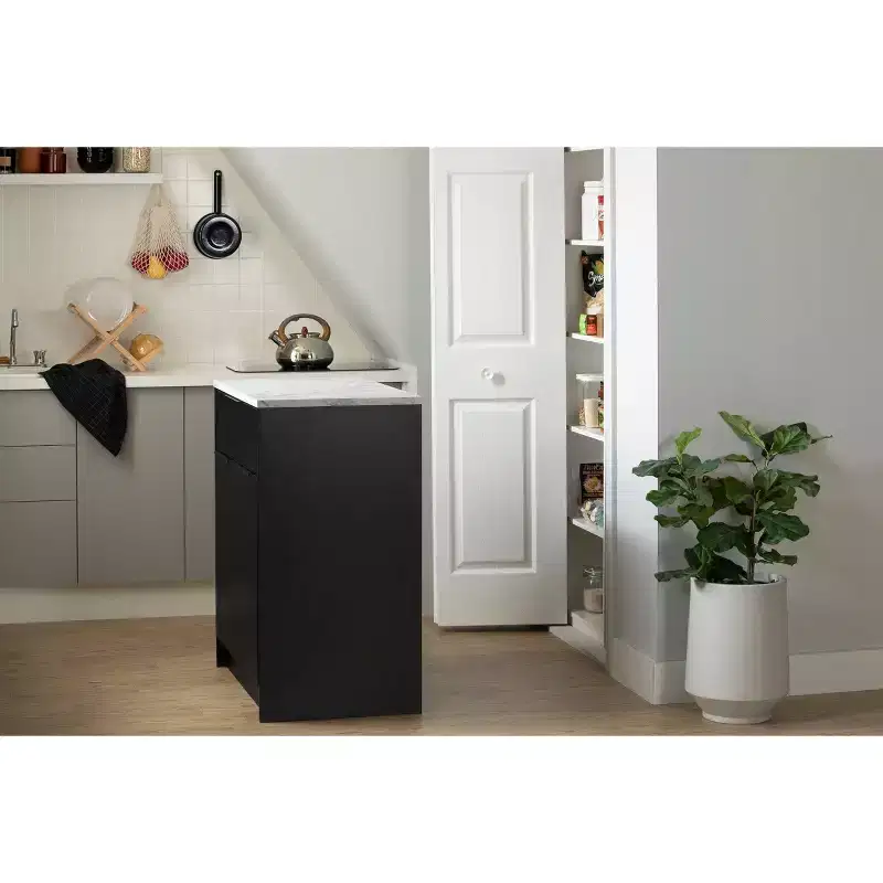 Olio Kitchen Island | Matte Black & Faux White Marble | Storage & Prep Surface
