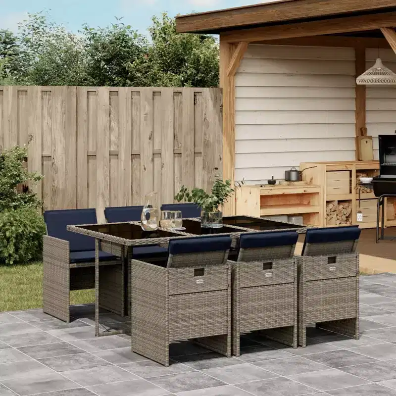vidaXL Patio Dining Set with Cushions Garden Table and Chair Gray Poly Rattan