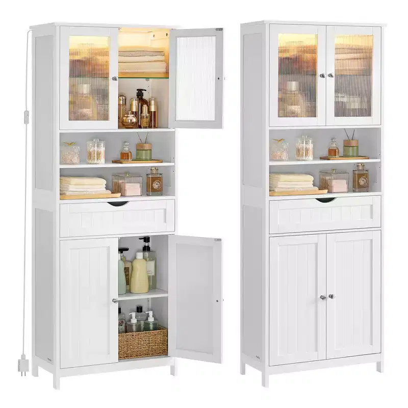 VASAGLE Freestanding Storage Cabinet, Adjustable Shelves, Drawer, Open Compartments, for Bathroom, Cloud White