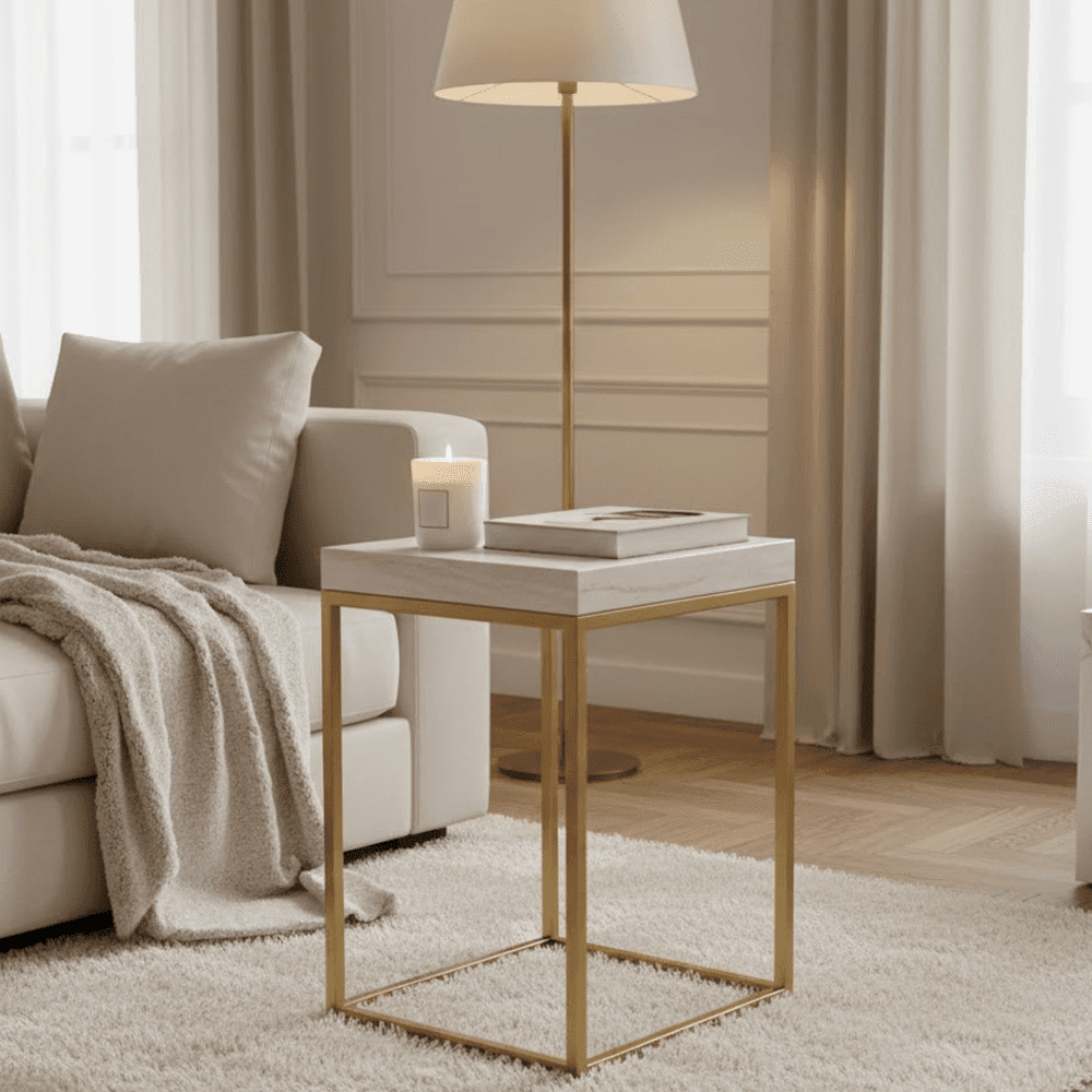 Beige Granite & Gold Square Side Table