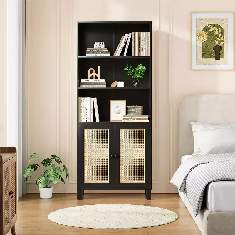 Tall Decorative Bookshelf with Rattan Doors, Multi-Functional Display Case Storage Cabinet for Living Room or Home Office-Panipeachy