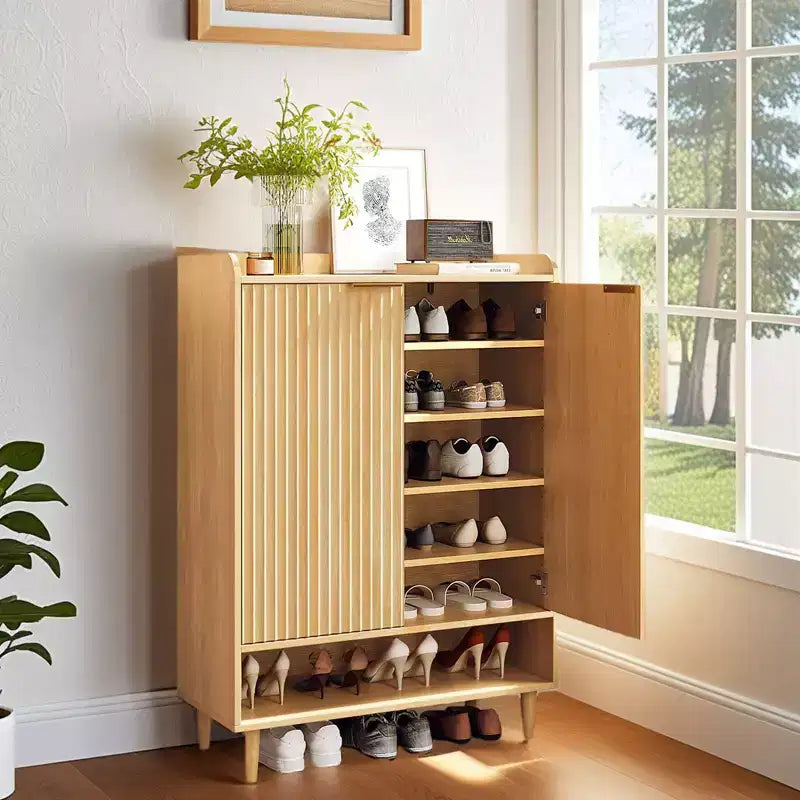 31.6" Slatted Shoe Cabinet with 2 Doors, 1 Shelf and Conical Legs