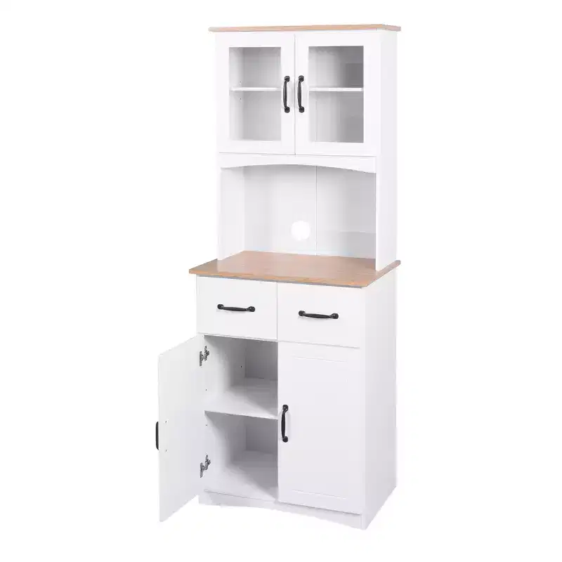 sumyeg Wooden Kitchen Pantry Cabinet with Glass Doors and Storage Drawer