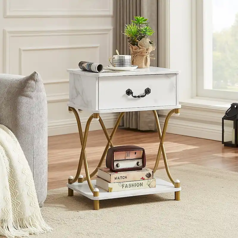 White / Brown / Black Nightstand with 1 Drawer, Open Shelf, Faux Marble Top & Gold Metal X-Frame