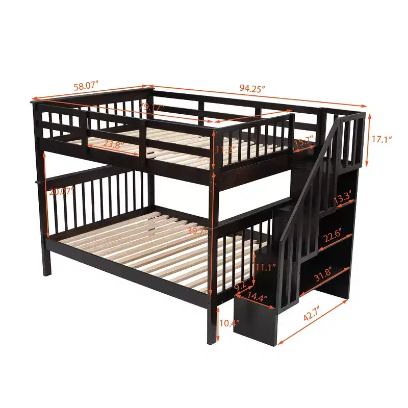 Full over Full Bunk Beds with Stairs, Wooden Full Stairway Bunk Bed with Storage & Guard Rail for Dorm