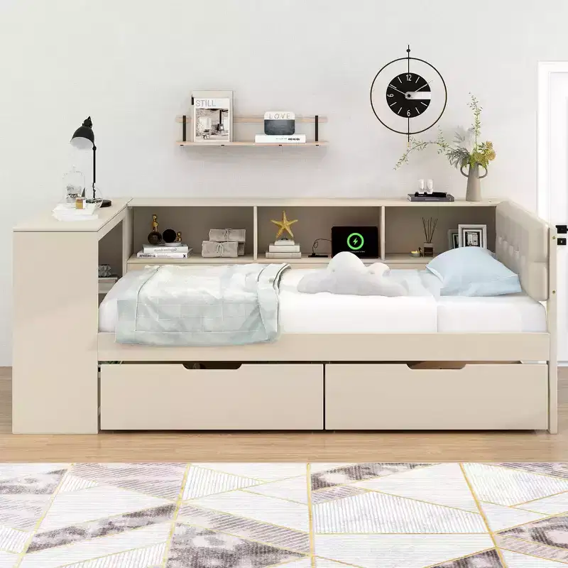 Platform Bed with L-Shape Bookcase Headboard and Drawers, Wooden Daybed Frame with Charging and Upholstered Headboard, Cream