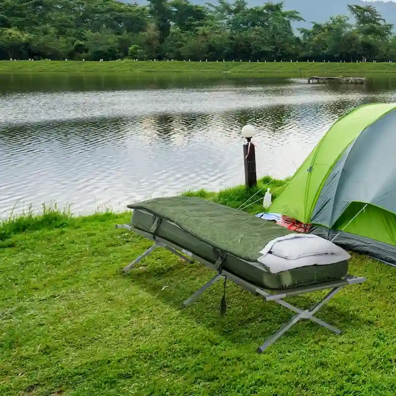 Outsunny Camping Cot, Outdoor Folding Bed Set with Mattress, Sleeping Bag, Pillow, and Carry Bag, Comfortable and Portable