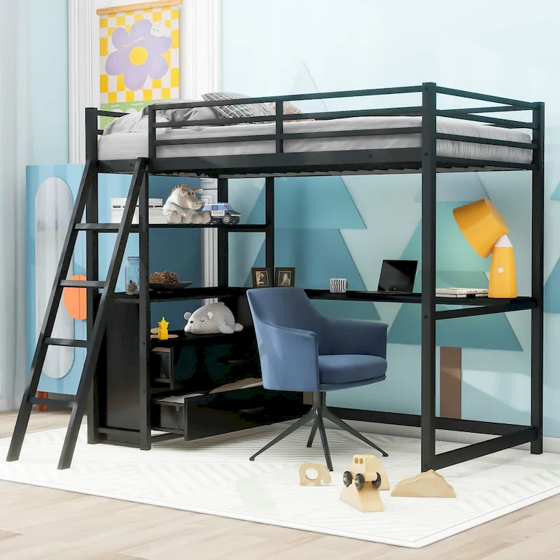 Twin Size Loft Bed with Desk, Shelves and Storage Drawers