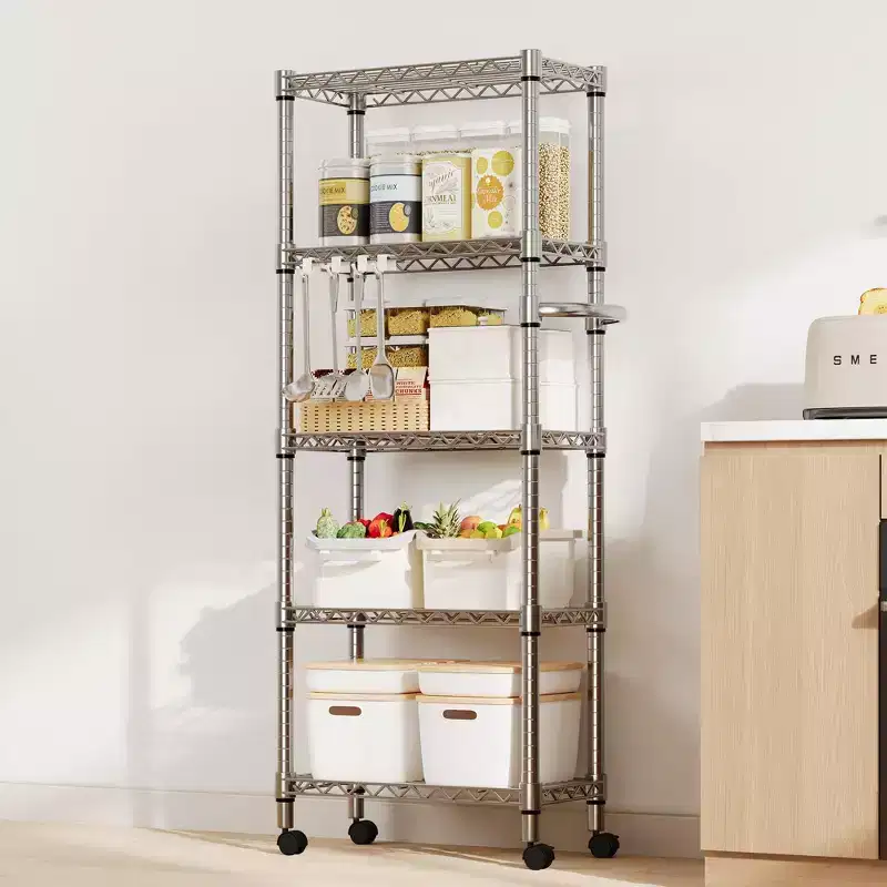 Acekool 5 Tier Metal Storage Shelves with Wheels, 1100 LBS Adjustable Wire Shelving Rack with Side Handle and Locking Wheels, Silver
