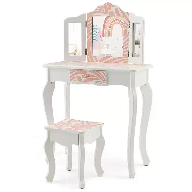 Costway Kid Vanity Set Wooden Makeup Table Stool Tri-Folding Mirror Zebra-Stripe Pink