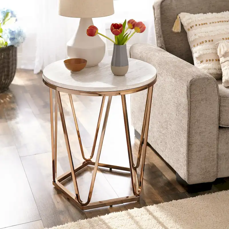 SEI Furniture Henderson Modern Faux Marble Round Side Table with Gold Geometric Base