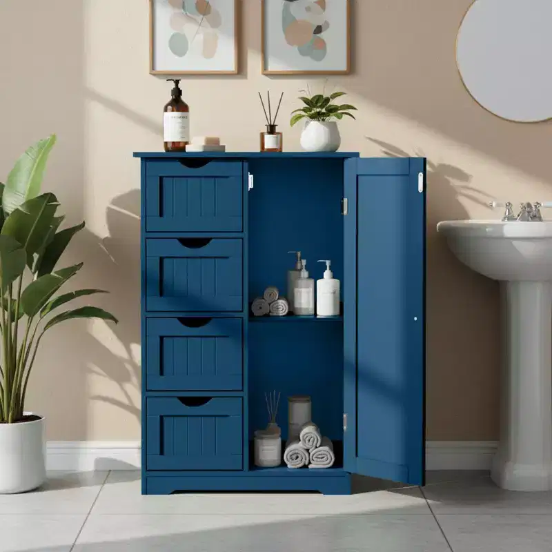 Blue Bathroom Storage Cabinet with 4 Drawers and 1 Door