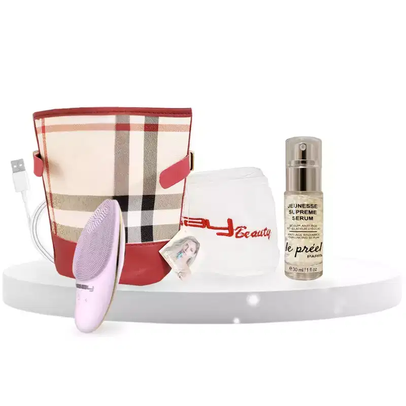 LINSAY Facial Cleansing Brush with LED Skin Therapy Included Super SPA Bundle with Potent anti-aging Serum, USB Cable, Headband and Cosmetic Bag