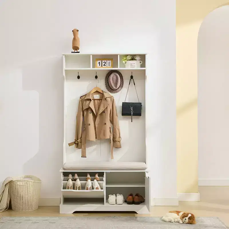 Hyleory Bench and Shoe Storage, Entryway Bench with Coat Rack, Modern Farm House Barn Door with Storage Bench and Hooks for Hallway, Living Room