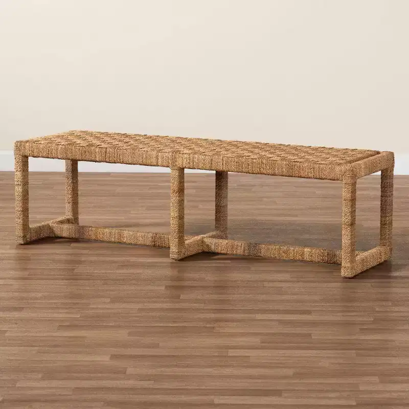 Cipally Seagrass & Mahogany Wood Accent Bench | Natural | Boho Entryway Bench