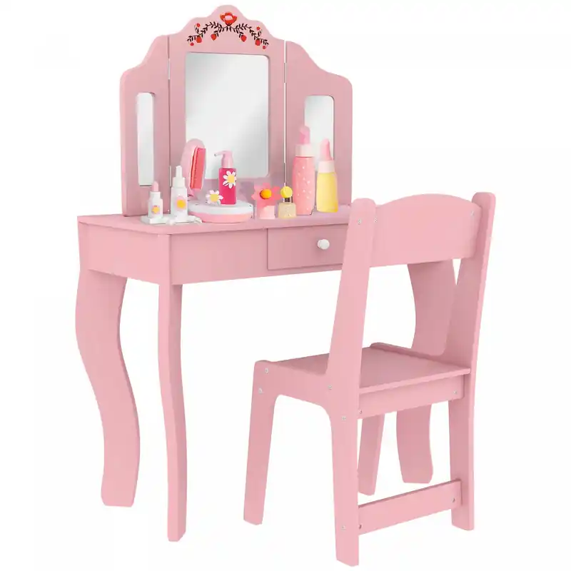 Kids Dual-use Dressing Table with Removable Mirror, Makeup Table with Chair and Drawer, for Ages 3-8
