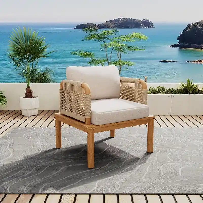 Outdoor Acacia Wood and Rope Club Chair with Cushions (Single) - 26.75in. W X28.75in.DX27.00in. H