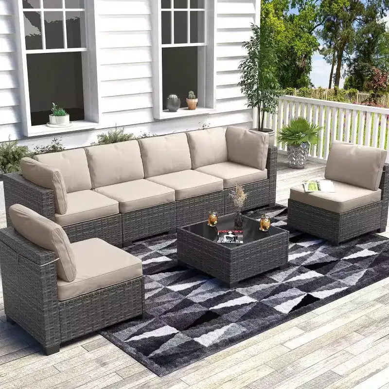 7-Piece Outdoor Patio Furniture Set with Glass Top Coffee Table, PE Rattan Wicker Sectional Modular Conversation Sofa Set w/ Cushions for Patio