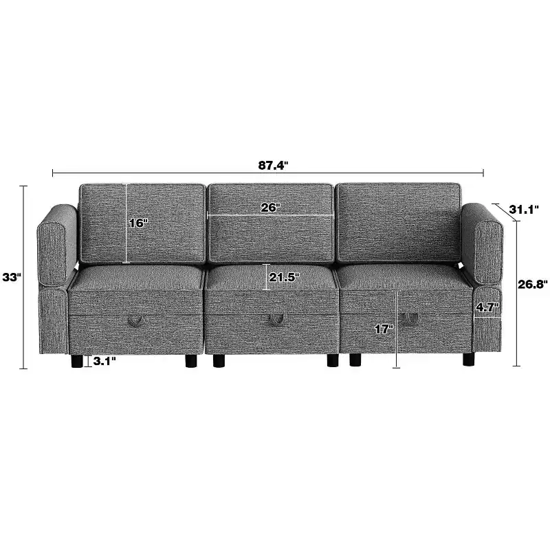 Sectional Sofa Lounge Sofa  87.4 Wide, Armrest + 3 Middle Modules, Deep 33 Seat, 26.8 Back, Tool-Free Snap Connectors for Living Room, Grey