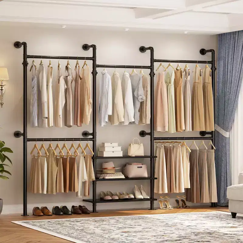 Black / Brown / Gray Oak Wall-Mounted Metal Pipe Clothing Rack, Adjustable 84–128, Single Use